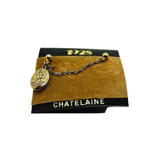Chatelaine Locket Brooch Pin Vintage 1928 Womens Gold Tone Round Link Chain Mini